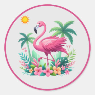 Sticker Rond Flamingo rose tropicale/Floride