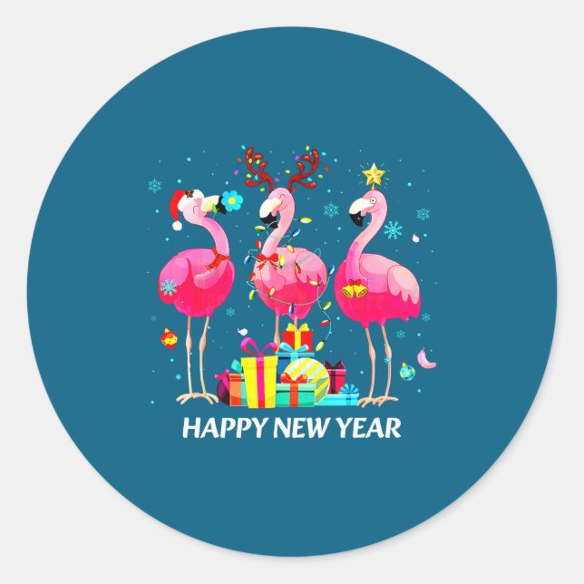 Sticker Rond Flamingo Santa Hat Happy New Year Light Long Sleev (Devant)