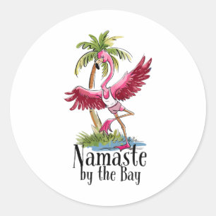 Sticker Rond Flamingo Yoga Namasté par les palmiers plage Vi