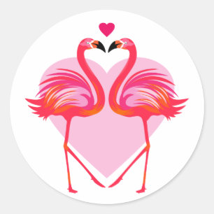 Sticker Rond Flamingos Amoureux avec Cadre en Forme de Coeur