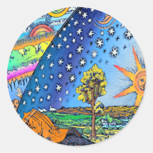 Sticker Rond Flammarion Woodcut Flat Earth Design Carré COULEUR