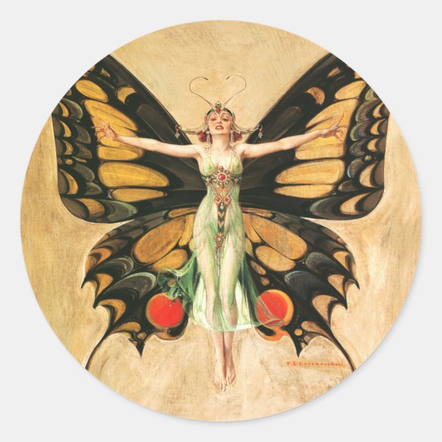 Sticker Rond Flapper Butterfly Flying Woman Illustration (Devant)
