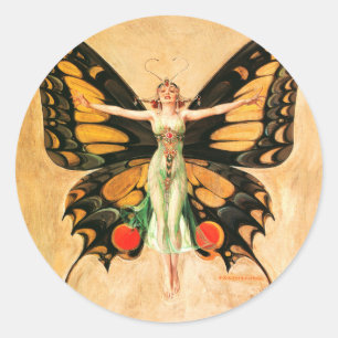 Sticker Rond Flapper Butterfly Flying Woman Illustration