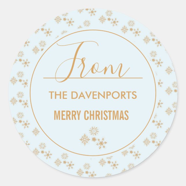 Sticker Rond Flèche de neige en or sur Motif de Noël bleu givré (Devant)