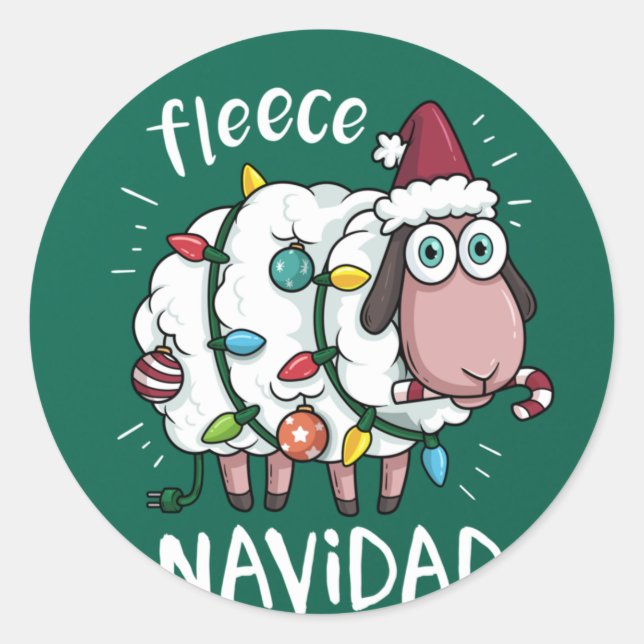 Sticker Rond Fleece Feliz Navidad Funny Cute Sheep Christmas (Devant)