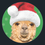Sticker Rond Fleece Navidad Christmas Llama avec Santa Hat<br><div class="desc">Un autocollant qui correspond à la carte de Noël Fleece Navidad avec la même image !</div>