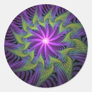 Sticker Rond Fleur Abstraite Moderne de Fractale Violette Verte