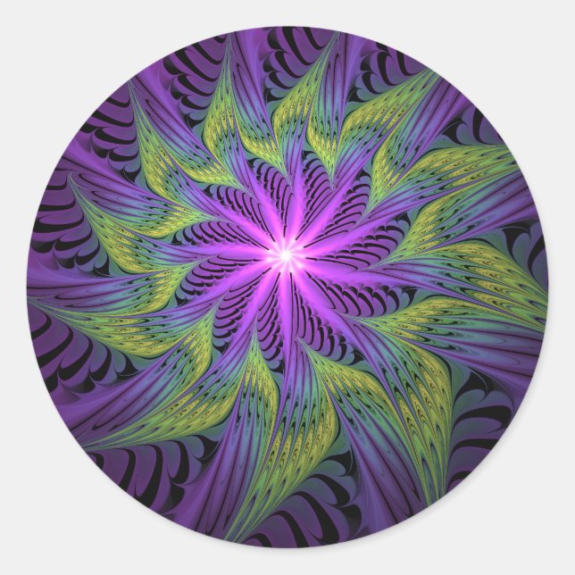 Sticker Rond Fleur Abstraite Moderne de Fractale Violette Verte (Devant)