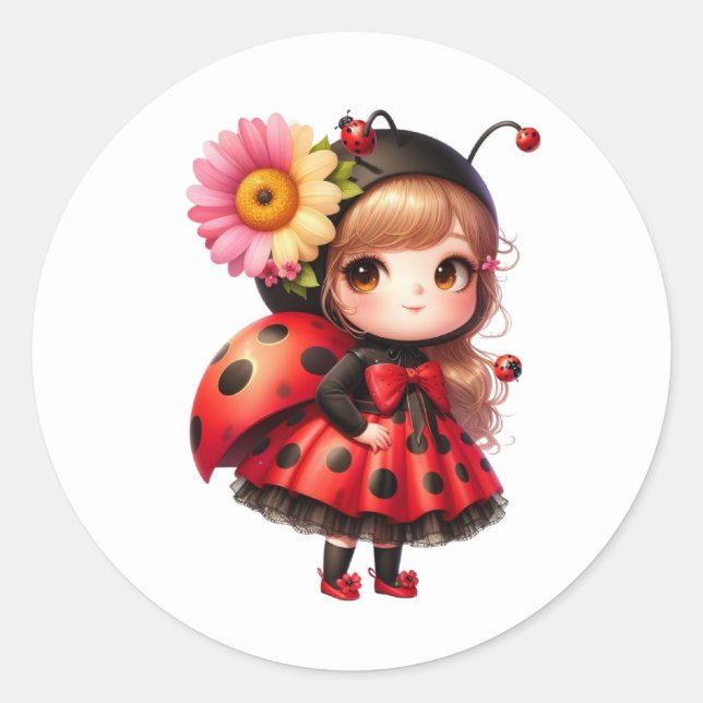 Sticker Rond Fleur aquarelle Ladybug Girl (Devant)