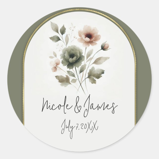 Sticker Rond Fleur Aquarelle Poussiéreuse Olive Rose & Or (Devant)