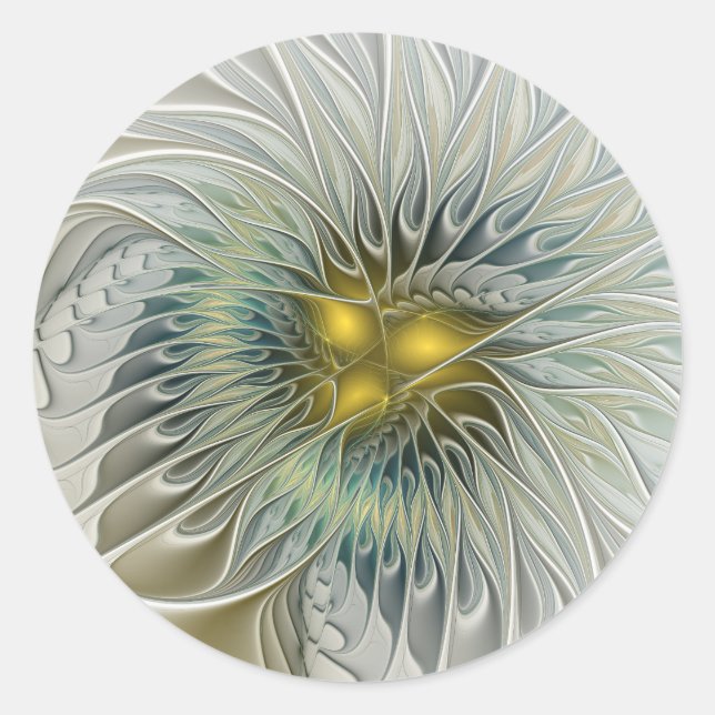 Sticker Rond Fleur argentée dorée Fantaisie art fractal abstrai (Devant)