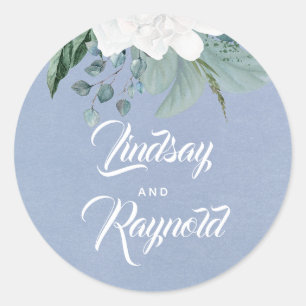 Sticker Rond Fleur blanche Dusty Mariage bleu