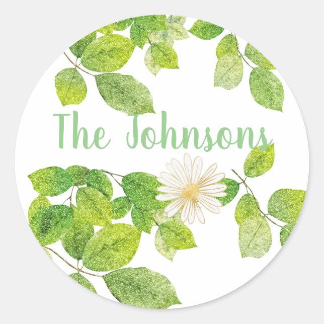 Sticker Rond Fleur blanche et jardin Feuille vert (Devant)