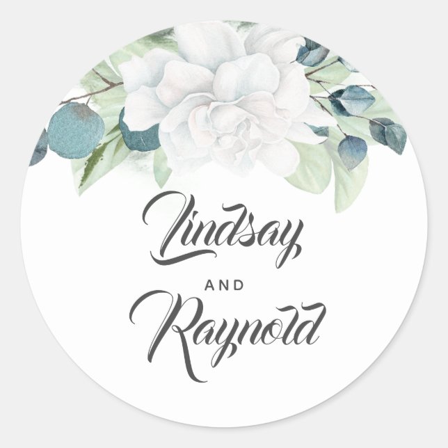Sticker Rond Fleur blanche et Mariage vert Eucalyptus (Devant)