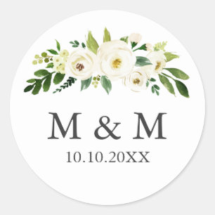 Sticker Rond Fleur blanche Monogramme classique Mariage flora