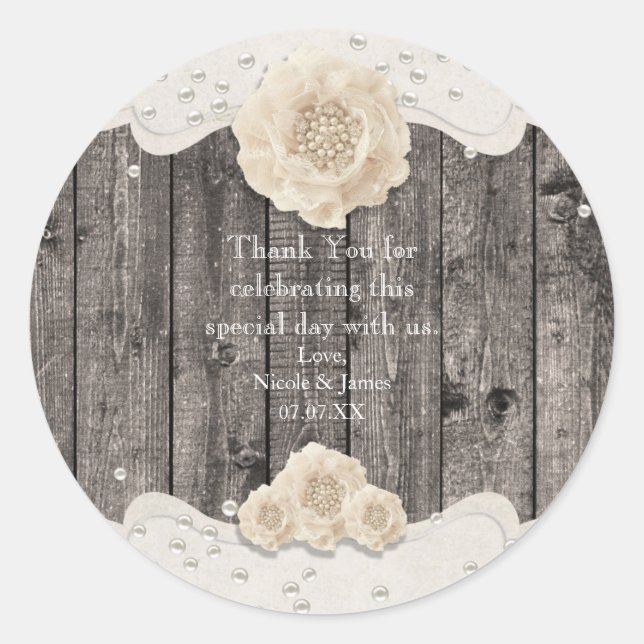 Sticker Rond Fleur Blanche Romantique & Perles Bois Rustique (Devant)