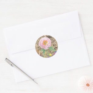 Sticker Rond Fleur botanique rose, Journaux Vintages