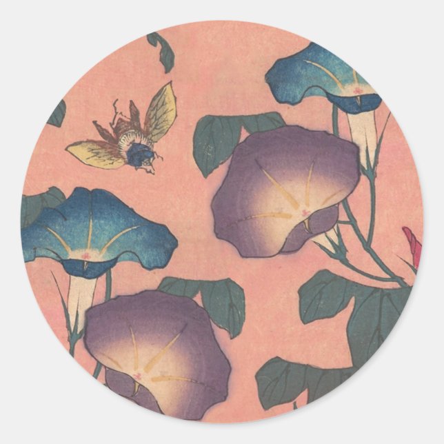 Sticker Rond Fleur d'abeille rose Art classique Hokusai (Devant)