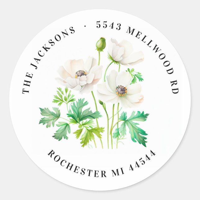 Sticker Rond Fleur d'anémone blanche Retour Adresse Classic Rou (Devant)