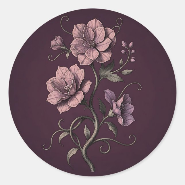 Sticker Rond Fleur d'anémone mauve pourpre botanique foncée  (Devant)