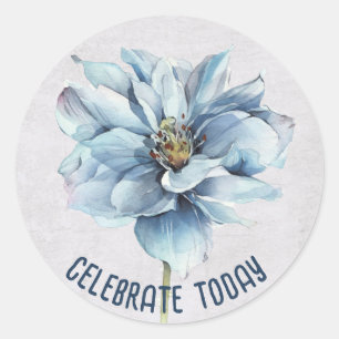 Sticker Rond Fleur d'aquarelle bleu avec texte