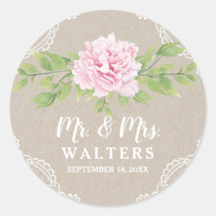 Sticker Rond Fleur d'aquarelle rose en dentelle rustique Kraft