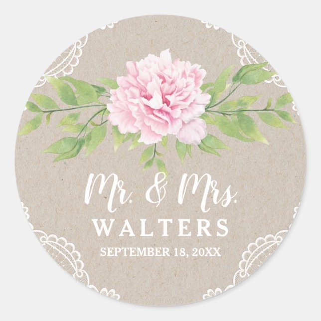 Sticker Rond Fleur d'aquarelle rose en dentelle rustique Kraft  (Devant)