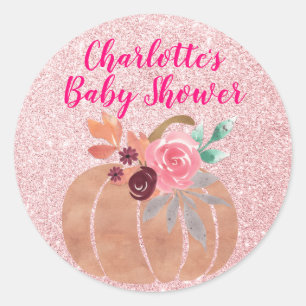 Sticker Rond Fleur d'automne Floral Citrouille Baby Shower Rose