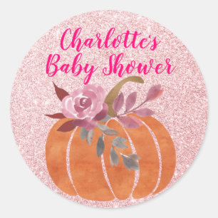 Sticker Rond Fleur d'automne Floral Citrouille Baby Shower Rose