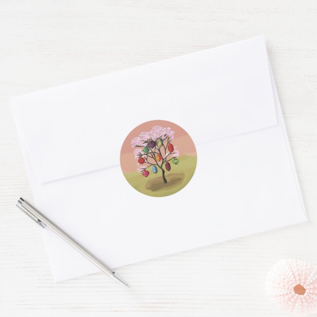 Sticker Rond Fleur de cerisier avec lanternes en papier orienta (Enveloppe)