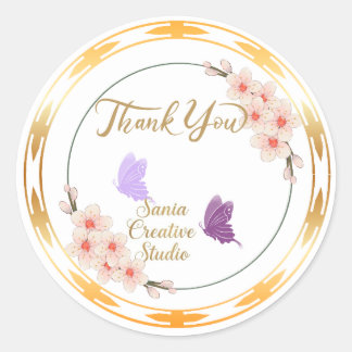 Sticker Rond Fleur de cerisier élégante & Papillons violets Mer