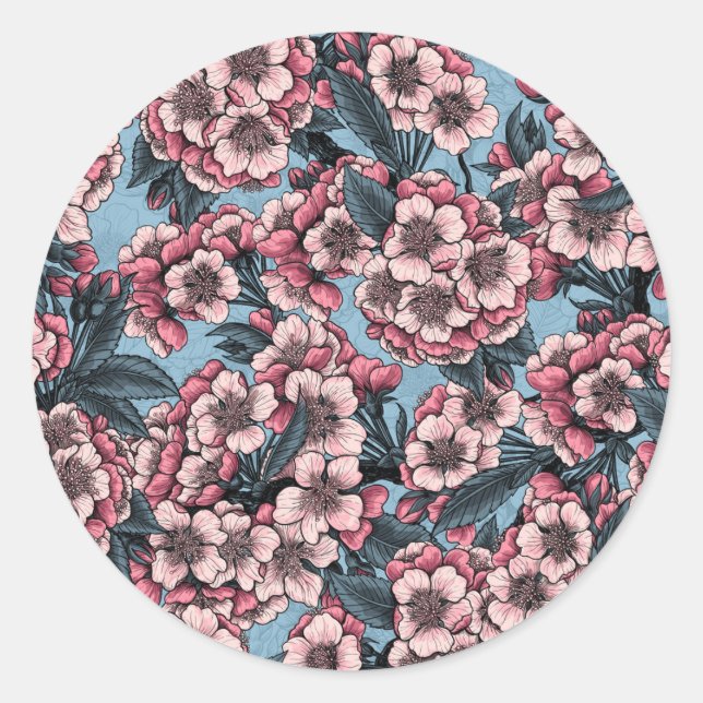 Sticker Rond Fleur de cerisier rose et bleu (Devant)