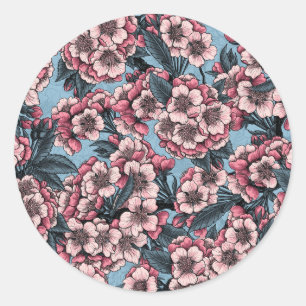 Sticker Rond Fleur de cerisier rose et bleu