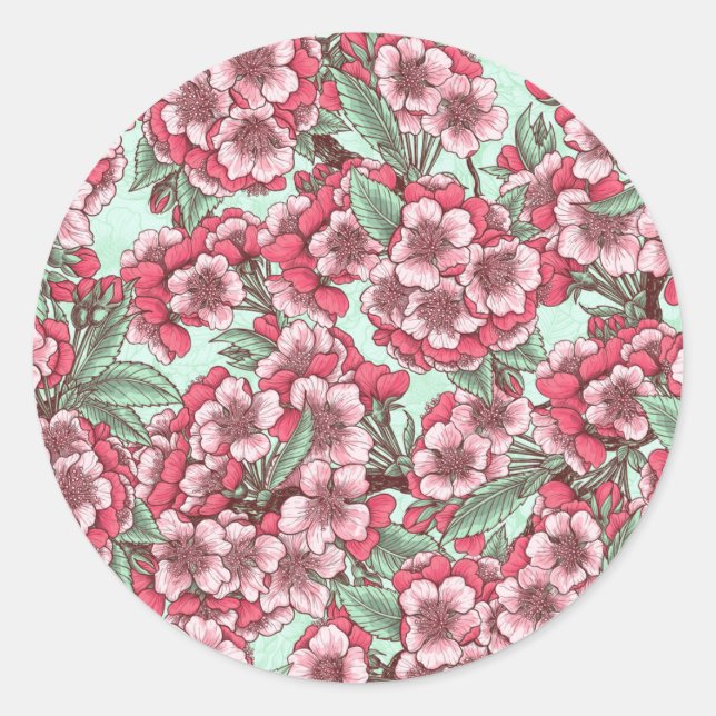 Sticker Rond Fleur de cerisier rose et menthe (Devant)