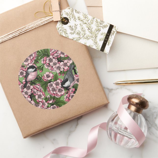 Sticker Rond Fleur de cerisiers et poulets verts (Cadeaux)