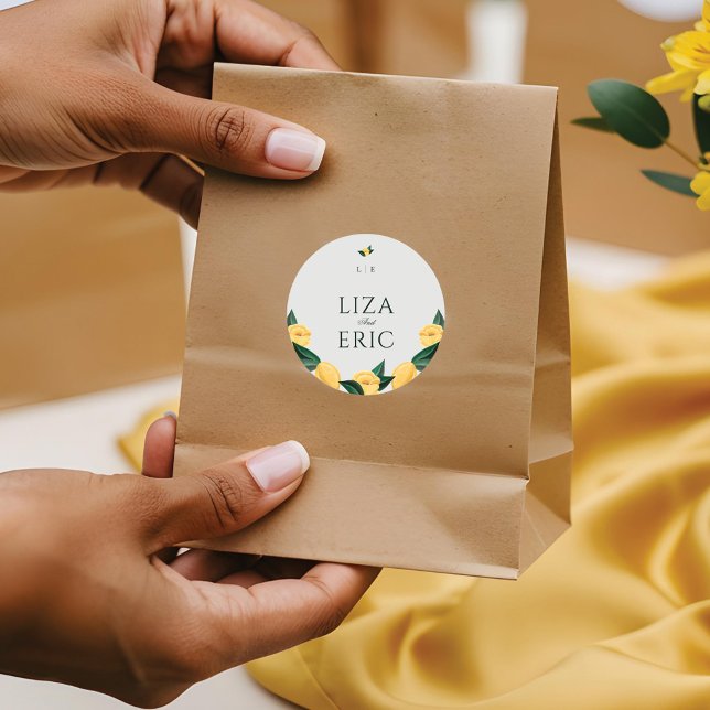 Sticker Rond Fleur de citron Arbre Floral Élégant Mariage minim (Lemon Blossom Floral Tree Elegant Minimal Wedding Classic Round Sticker)