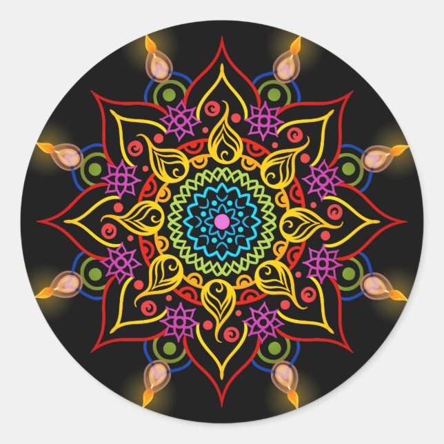 Sticker Rond Fleur de Diwali Rangoli avec lampes à huile (Devant)