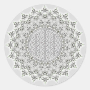 Sticker Rond Fleur de la vie - Fractal Mandala gris vert