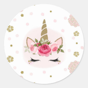 Sticker Rond Fleur de Licorne Rose et Or Fleurit Fête Branchée