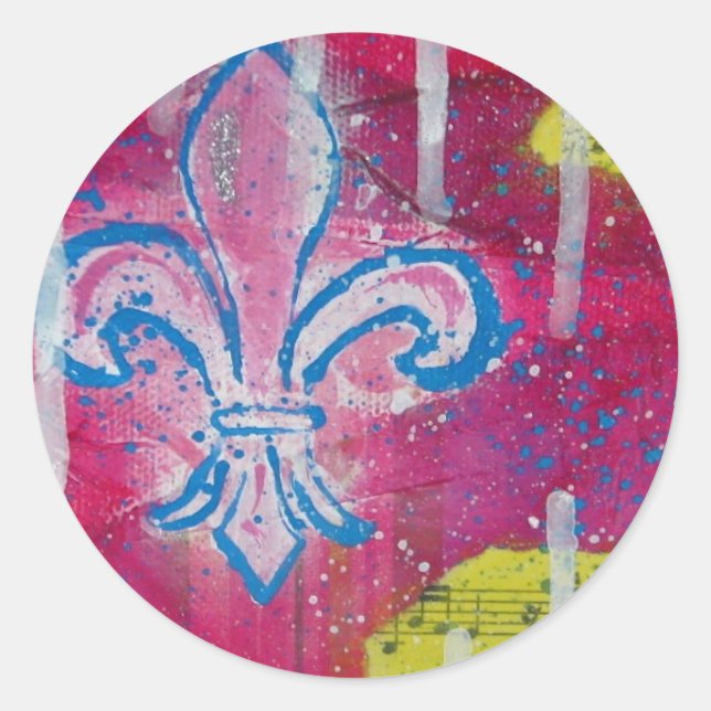 Sticker Rond Fleur de Lis avec Magenta, Bleu et Jaune (Devant)