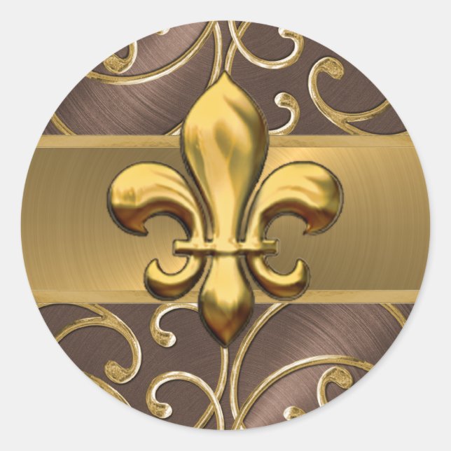 Sticker Rond Fleur de Lis Brown et Gold Filigree (Devant)