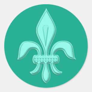 Sticker Rond Fleur de Lis en Aqua Lumière sur Turquoise