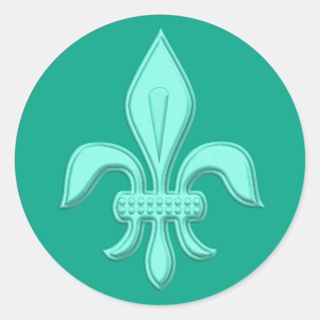 Sticker Rond Fleur de Lis en Aqua Lumière sur Turquoise (Devant)
