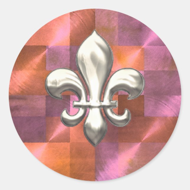 Sticker Rond Fleur de Lis en argent sur Orange géométrique et v (Devant)