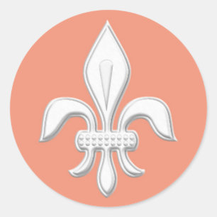 Sticker Rond Fleur de Lis en blanc sur Coral clair rose / Pêche