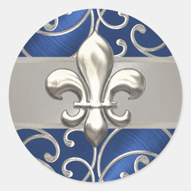 Sticker Rond Fleur de Lis en Filigree bleu et argent (Devant)