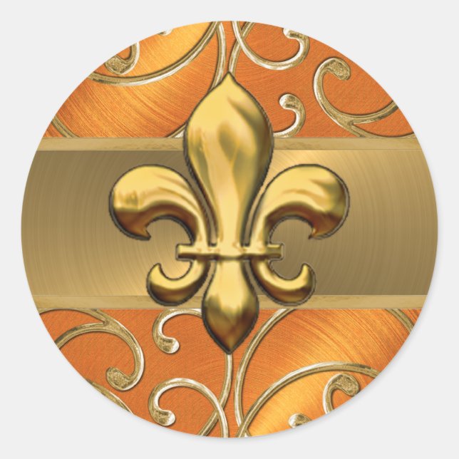 Sticker Rond Fleur de Lis en Filigree Orange et Or (Devant)