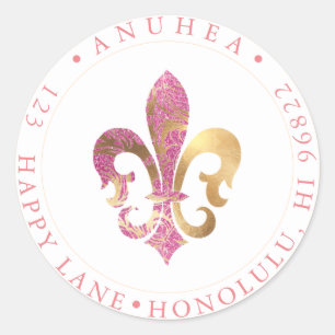 STICKER ROND FLEUR DE LIS   FAUX OR + PINKETTES DAMASK