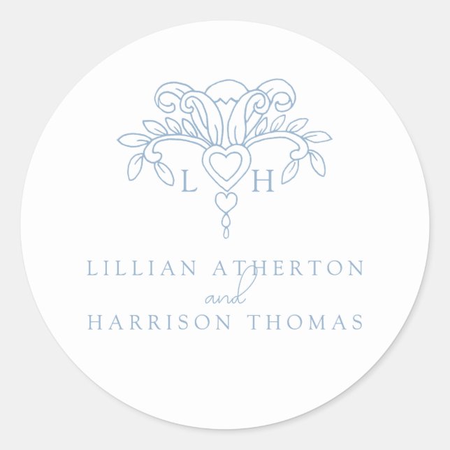 Sticker Rond Fleur de lis mariage merci blanc bleu faveur (Devant)