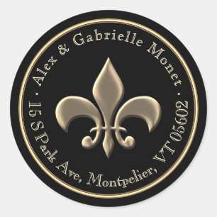 Sticker Rond Fleur de Lis Metallic Gold Black Adresse de retour